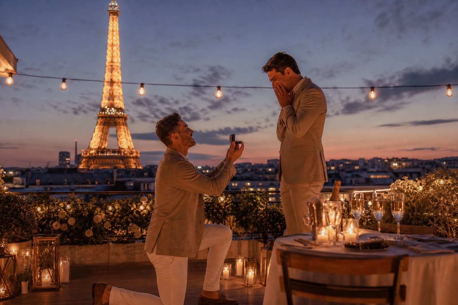 A private rooftop overlooking the Paris skyline at dusk